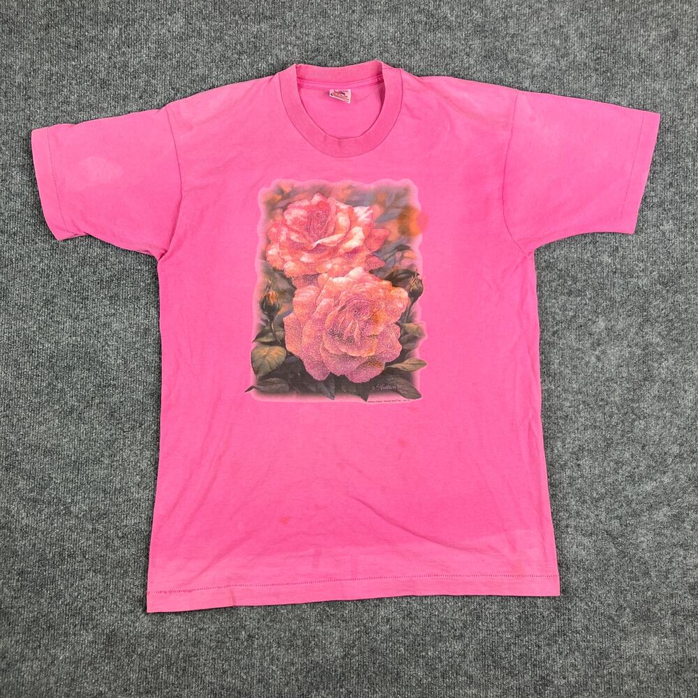 Fruit of the Loom T-Shirt‎ Mens Size Large Pink Rose Floral Graphic  Vintage